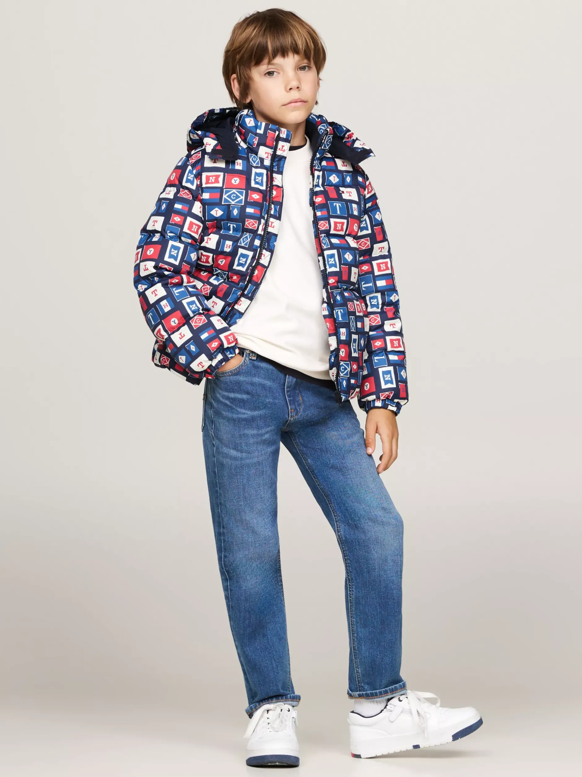 Kurtki*Tommy Hilfiger Luźna Puchowa Kurtka Z Kapturem BLUE BASE FLAGS ALLOVER