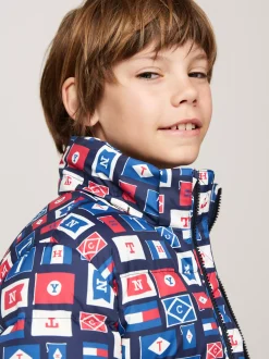 Kurtki*Tommy Hilfiger Luźna Puchowa Kurtka Z Kapturem BLUE BASE FLAGS ALLOVER