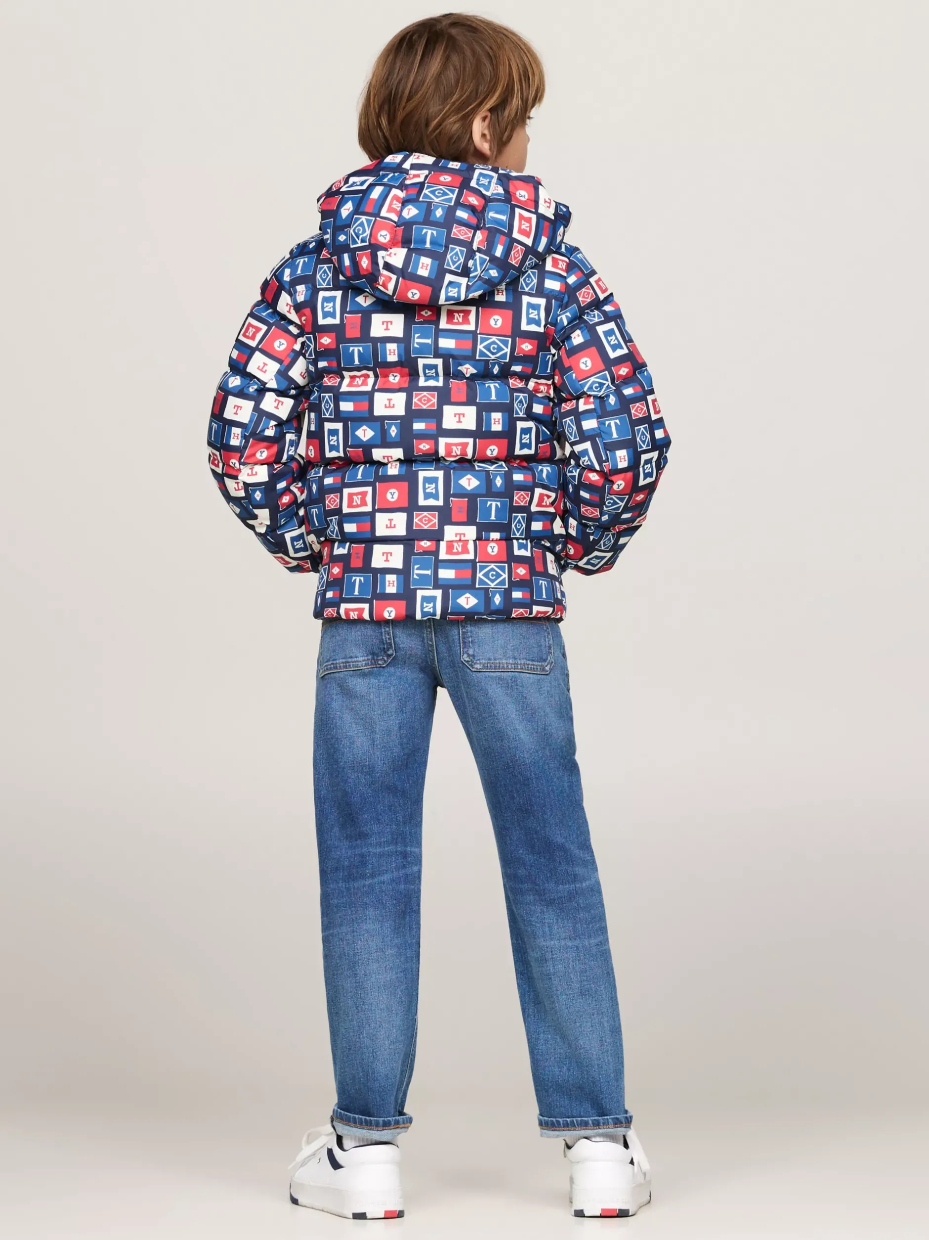Kurtki*Tommy Hilfiger Luźna Puchowa Kurtka Z Kapturem BLUE BASE FLAGS ALLOVER