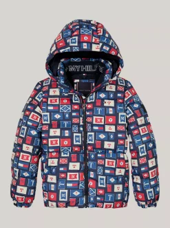 Kurtki*Tommy Hilfiger Luźna Puchowa Kurtka Z Kapturem BLUE BASE FLAGS ALLOVER