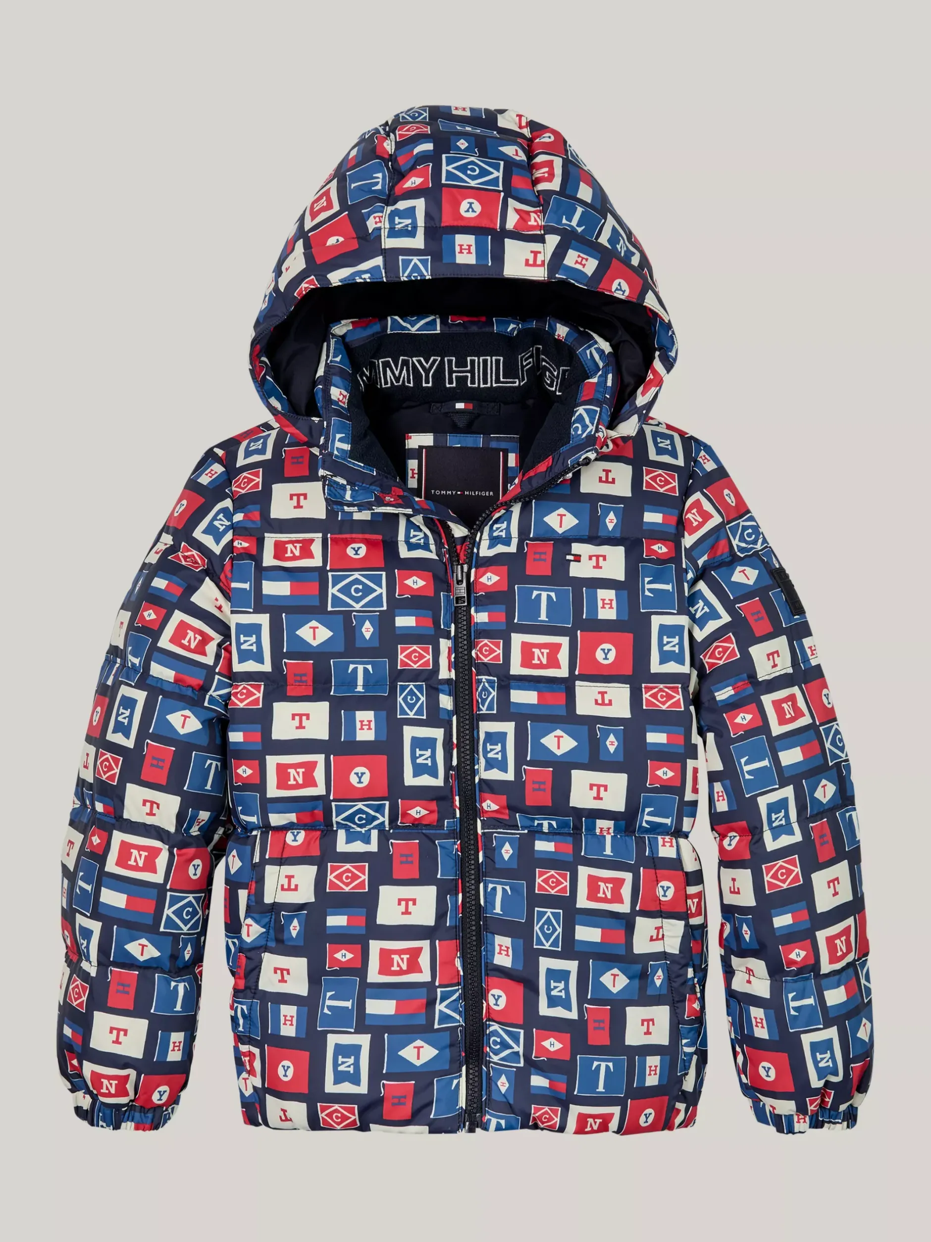 Kurtki*Tommy Hilfiger Luźna Puchowa Kurtka Z Kapturem BLUE BASE FLAGS ALLOVER