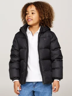 Kurtki*Tommy Hilfiger Luźna Puchowa Kurtka Z Kapturem BLACK