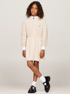Sukienki*Tommy Hilfiger Luźna Sukienka Swetrowa O Splocie Warkoczowym HEATHERED OAT