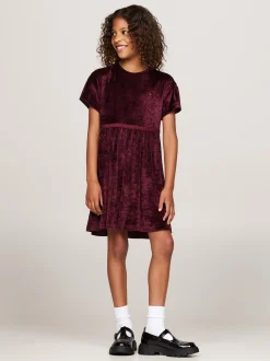 Sukienki*Tommy Hilfiger Luźna Welurowa Sukienka Z Krótkim Rękawem DEEP ROUGE