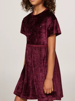 Sukienki*Tommy Hilfiger Luźna Welurowa Sukienka Z Krótkim Rękawem DEEP ROUGE
