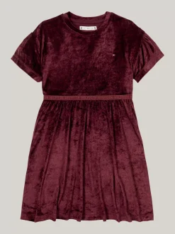 Sukienki*Tommy Hilfiger Luźna Welurowa Sukienka Z Krótkim Rękawem DEEP ROUGE