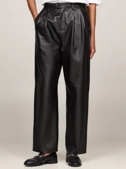 Spodnie*Tommy Hilfiger Luźne Skórzane Spodnie Z Zaszewkami BLACK