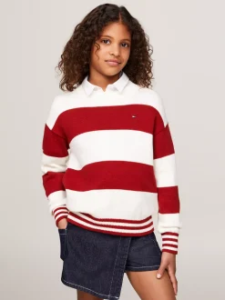 Dzianina*Tommy Hilfiger Luźny Sweter W Paski Z Blokami Kolorów DARK MAGMA / ANCIENT WHITE STRIPE