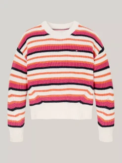 Dzianina*Tommy Hilfiger Luźny Sweter W Paski Z Okrągłym Dekoltem ANCIENT WHITE STRIPE MULTICOLOR