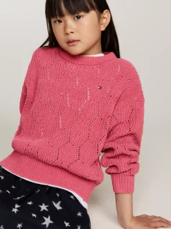 Dzianina*Tommy Hilfiger Luźny Sweter Z Ażurowej Dzianiny HERITAGE PINK