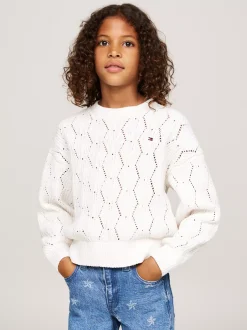 Dzianina*Tommy Hilfiger Luźny Sweter Z Ażurowej Dzianiny IVORY PETAL
