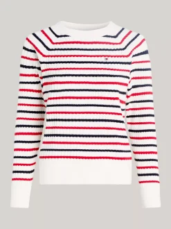 Swetry Z Okrągłym Dekoltem|Swetry*Tommy Hilfiger Luźny Sweter Z Drobnym Splotem Warkoczowym RWB STRIPE