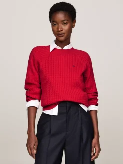 Swetry Z Okrągłym Dekoltem|Swetry*Tommy Hilfiger Luźny Sweter Z Drobnym Splotem Warkoczowym PRIMARY RED
