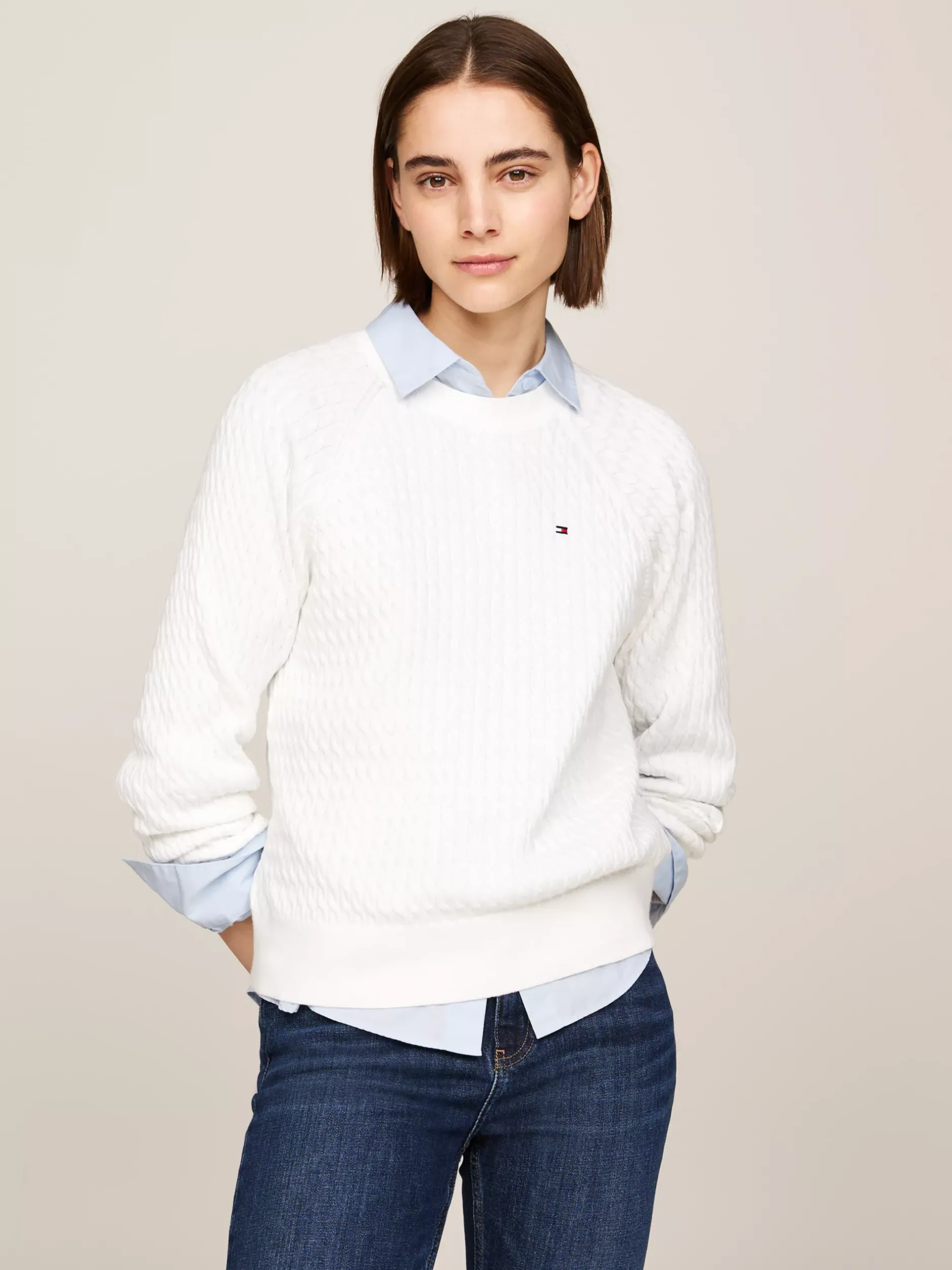 Swetry|Dzianina*Tommy Hilfiger Luźny Sweter Z Drobnym Splotem Warkoczowym ECRU