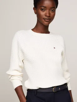 Swetry Z Okrągłym Dekoltem|Swetry*Tommy Hilfiger Luźny Sweter Z Drobnym Splotem Warkoczowym IVORY PETAL
