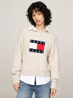 Swetry Z Okrągłym Dekoltem|Swetry*Tommy Hilfiger Luźny Sweter Z Mieszanki Melanżowej Wełny ANCIENT WHITE MELANGE