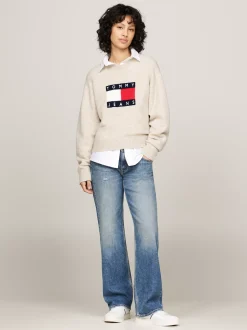 Swetry Z Okrągłym Dekoltem|Swetry*Tommy Hilfiger Luźny Sweter Z Mieszanki Melanżowej Wełny ANCIENT WHITE MELANGE