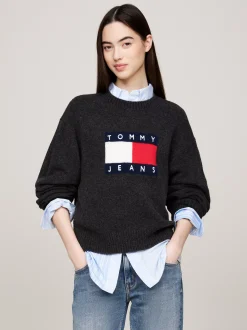Swetry Z Okrągłym Dekoltem|Swetry*Tommy Hilfiger Luźny Sweter Z Mieszanki Melanżowej Wełny BLACK MELANGE