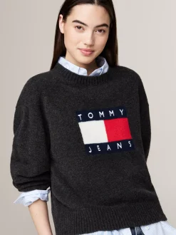Swetry Z Okrągłym Dekoltem|Swetry*Tommy Hilfiger Luźny Sweter Z Mieszanki Melanżowej Wełny BLACK MELANGE
