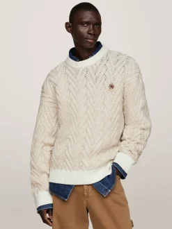 Swetry Z Okrągłym Dekoltem|Swetry*Tommy Hilfiger Luźny Sweter Z Wełny W Jodełkę TAUPE MIX