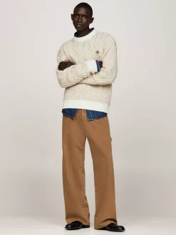 Swetry Z Okrągłym Dekoltem|Swetry*Tommy Hilfiger Luźny Sweter Z Wełny W Jodełkę TAUPE MIX