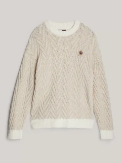 Swetry Z Okrągłym Dekoltem|Swetry*Tommy Hilfiger Luźny Sweter Z Wełny W Jodełkę TAUPE MIX