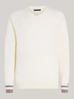 Swetry|Dzianina*Tommy Hilfiger Luźny, Wełniany Sweter Z Dekoltem W Szpic IVORY