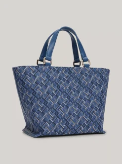 Torebki Tote*Tommy Hilfiger Mała Torba Typu Tote Z żakardowego Płótna FOSSIL BLUE MONO