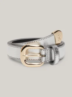 Paski*Tommy Hilfiger Metaliczny Skórzany Pasek Z Okrągłą Sprzączką SILVER