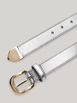 Paski*Tommy Hilfiger Metaliczny Skórzany Pasek Z Okrągłą Sprzączką SILVER