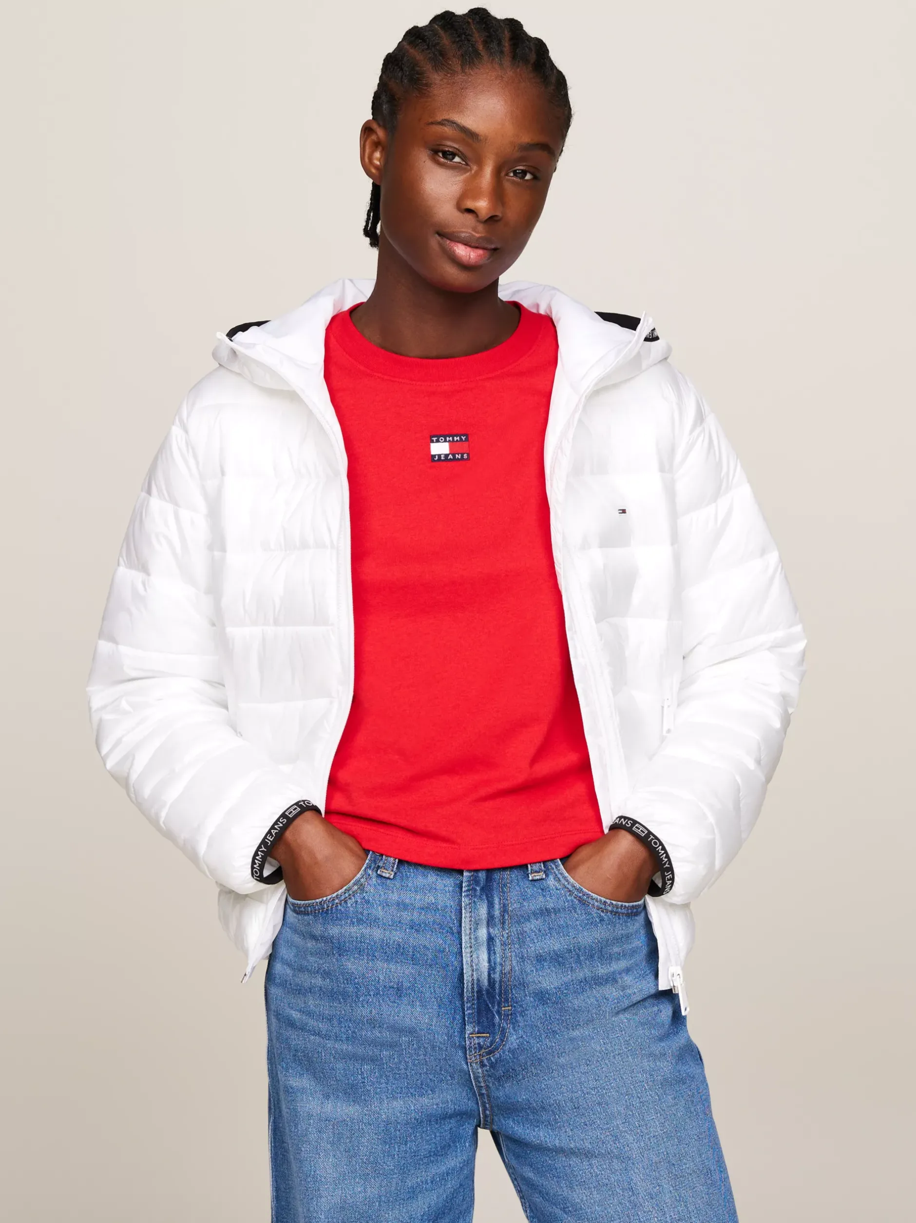 Kurtki & Płaszcze*Tommy Hilfiger Ocieplana Kurtka Z Kapturem I Tasiemką Z Logo WHITE