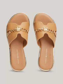 Obuwie I Akcesoria*Tommy Hilfiger Płaskie Klapki Z łańcuszkiem Z Monogramem TH TAUPE