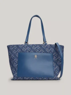 Torebki Tote*Tommy Hilfiger Płócienna Torba Typu Tote W żakardowy Wzór FOSSIL BLUE MONO