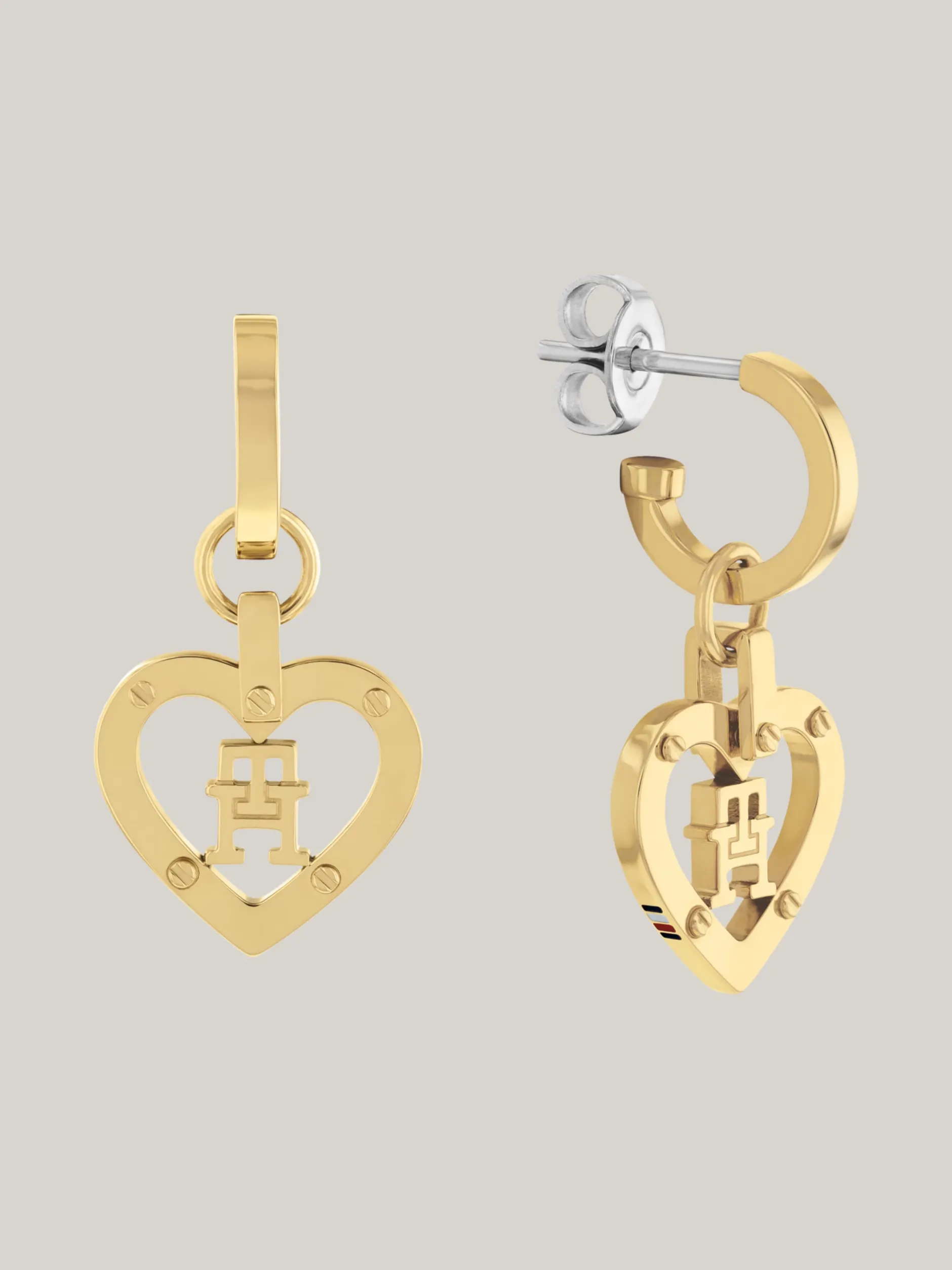 Biżuteria*Tommy Hilfiger Pozłacane Kolczyki Serca Z Monogramem TH GOLD