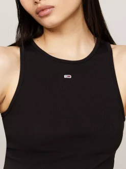 T-Shirty*Tommy Hilfiger Prążkowana Koszulka Na Ramiączkach Z Logo BLACK