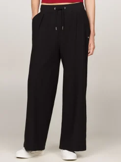 Spodnie*Tommy Hilfiger Prążkowane Joggery Z Szerokimi Nogawkami BLACK