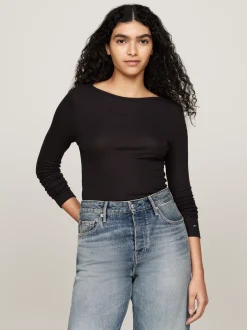T-Shirty*Tommy Hilfiger Prążkowany Longsleeve O Wąskim Kroju BLACK