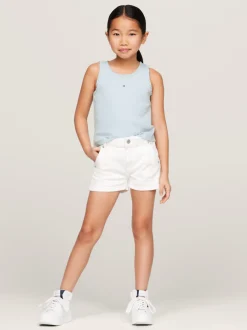 Topy I T-Shirty*Tommy Hilfiger Prążkowany Top Z Kolekcji Essential BREEZY BLUE