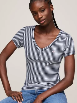 T-Shirty*Tommy Hilfiger Prążkowany T-shirt Z Dekoltem Henley DARK NIGHT NAVY / MULTI