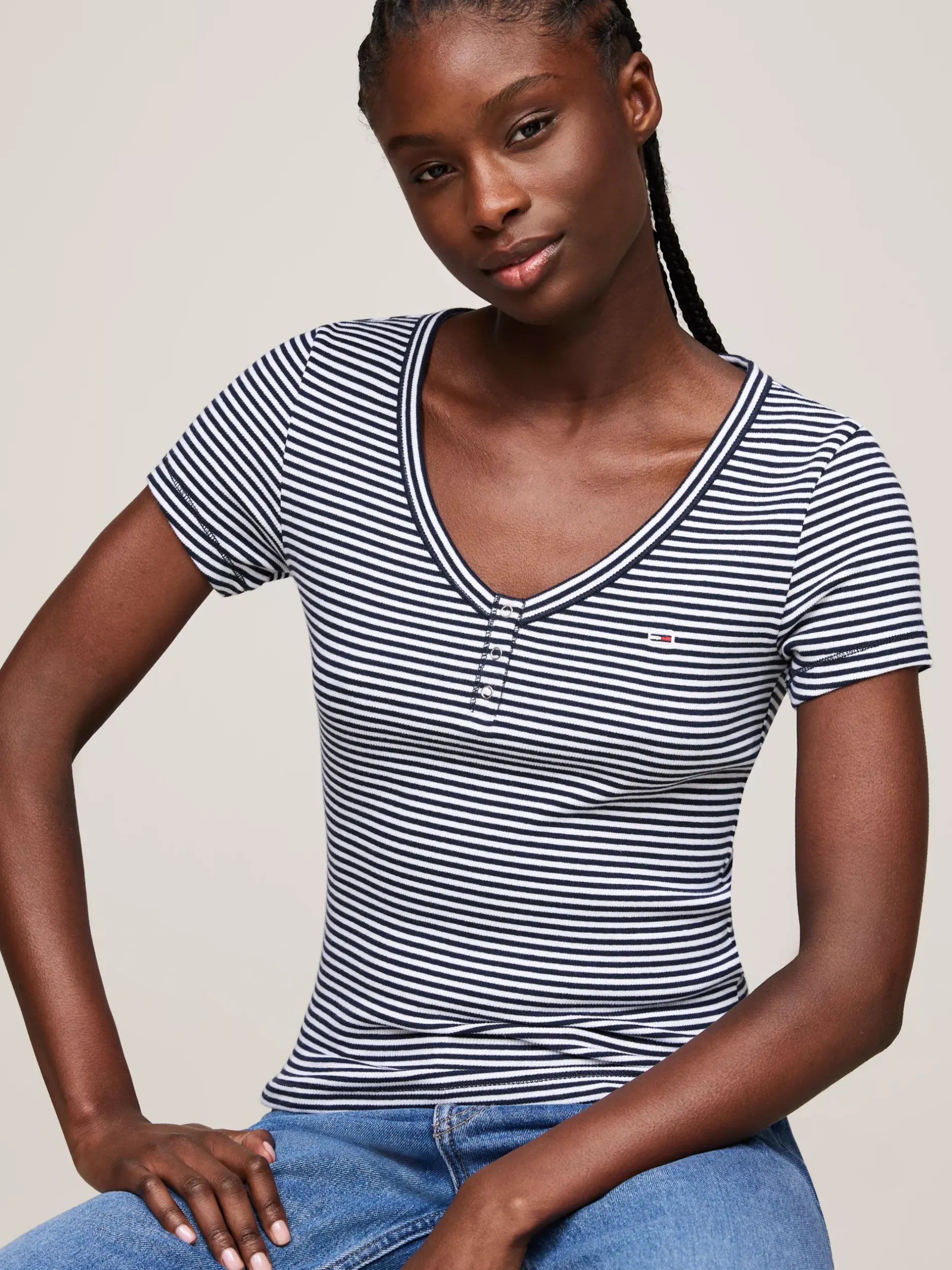 T-Shirty*Tommy Hilfiger Prążkowany T-shirt Z Dekoltem Henley DARK NIGHT NAVY / MULTI