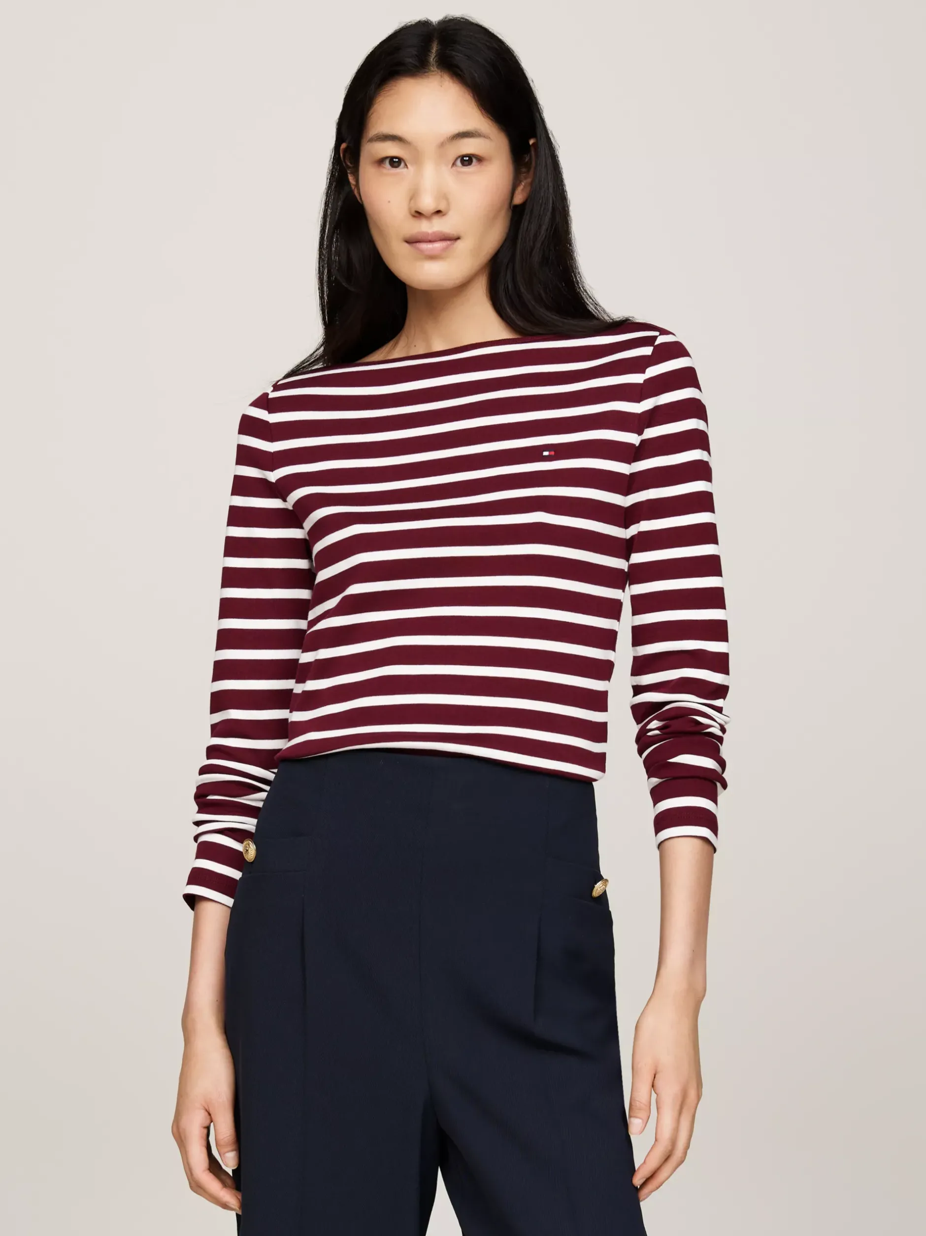T-Shirty*Tommy Hilfiger Prążkowany T-shirt Z Długim Rękawem BRETON STP DEEP ROUGE/ ECRU