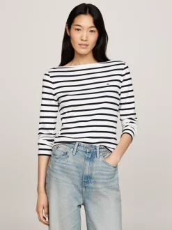 T-Shirty*Tommy Hilfiger Prążkowany T-shirt Z Długim Rękawem BRETON ECRU/DESERT SKY