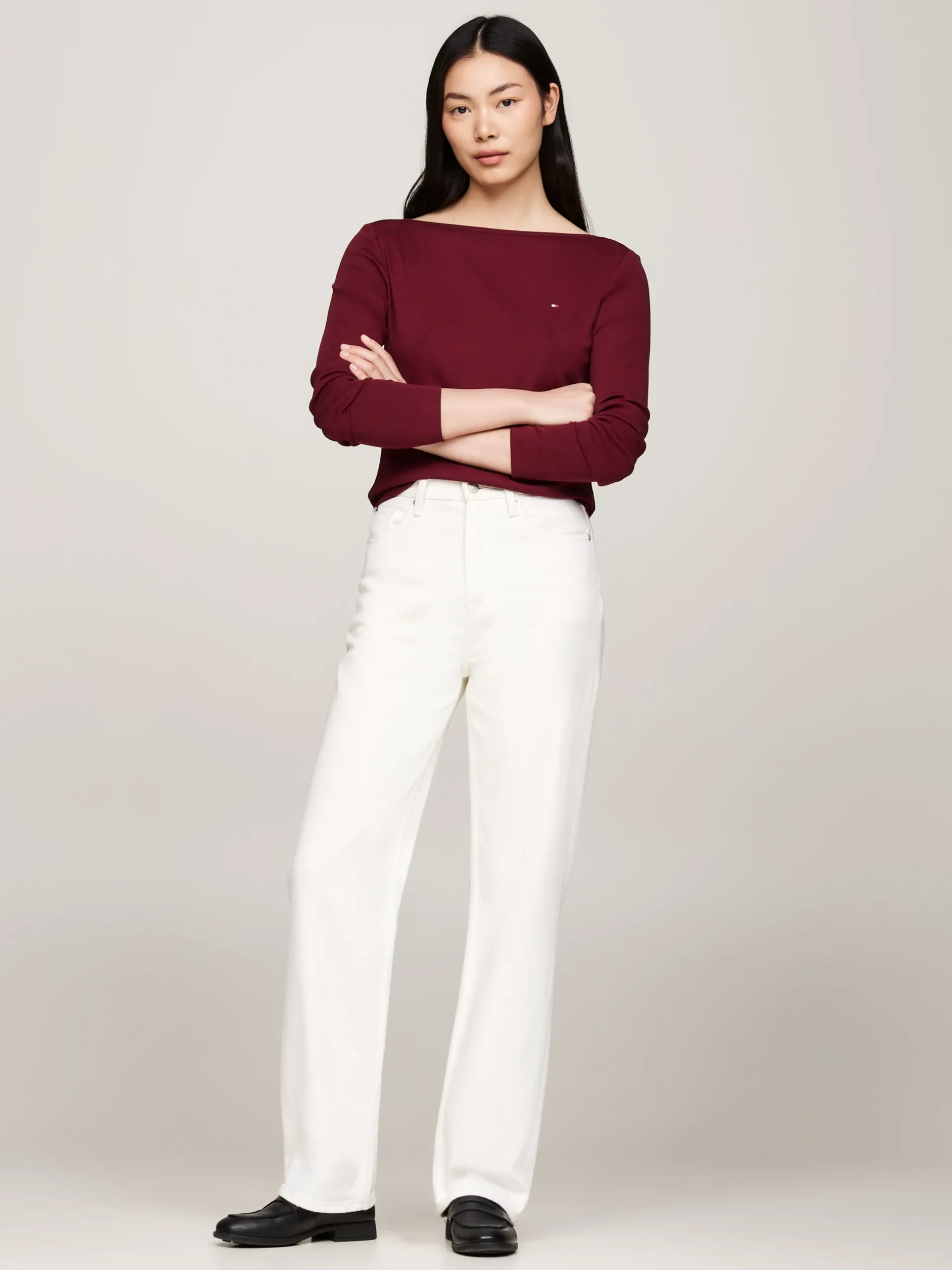 T-Shirty*Tommy Hilfiger Prążkowany T-shirt Z Długim Rękawem DEEP ROUGE