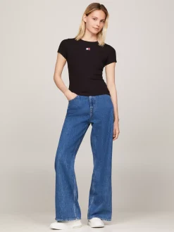 T-Shirty*Tommy Hilfiger Prążkowany T-shirt Z Naszywką Tommy BLACK