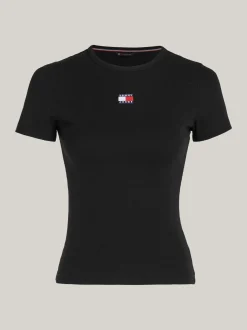 T-Shirty*Tommy Hilfiger Prążkowany T-shirt Z Naszywką Tommy BLACK