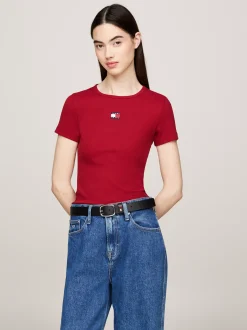 T-Shirty*Tommy Hilfiger Prążkowany T-shirt Z Naszywką Tommy REGATTA RED