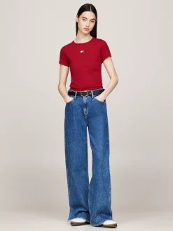 T-Shirty*Tommy Hilfiger Prążkowany T-shirt Z Naszywką Tommy REGATTA RED