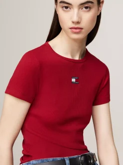 T-Shirty*Tommy Hilfiger Prążkowany T-shirt Z Naszywką Tommy REGATTA RED