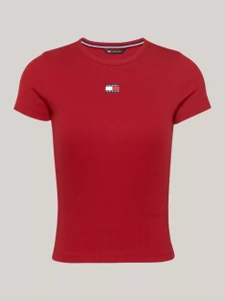 T-Shirty*Tommy Hilfiger Prążkowany T-shirt Z Naszywką Tommy REGATTA RED