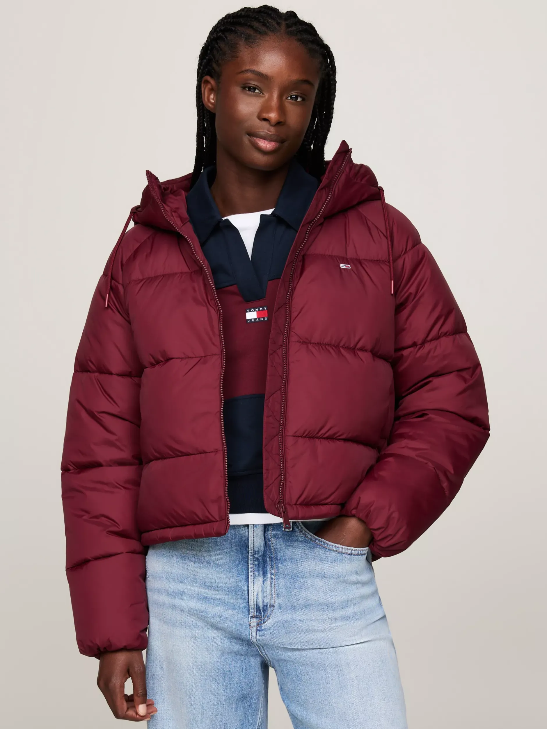 Kurtki & Płaszcze*Tommy Hilfiger Puchowa Kurtka Na Zamek Z Kapturem DEEP ROUGE